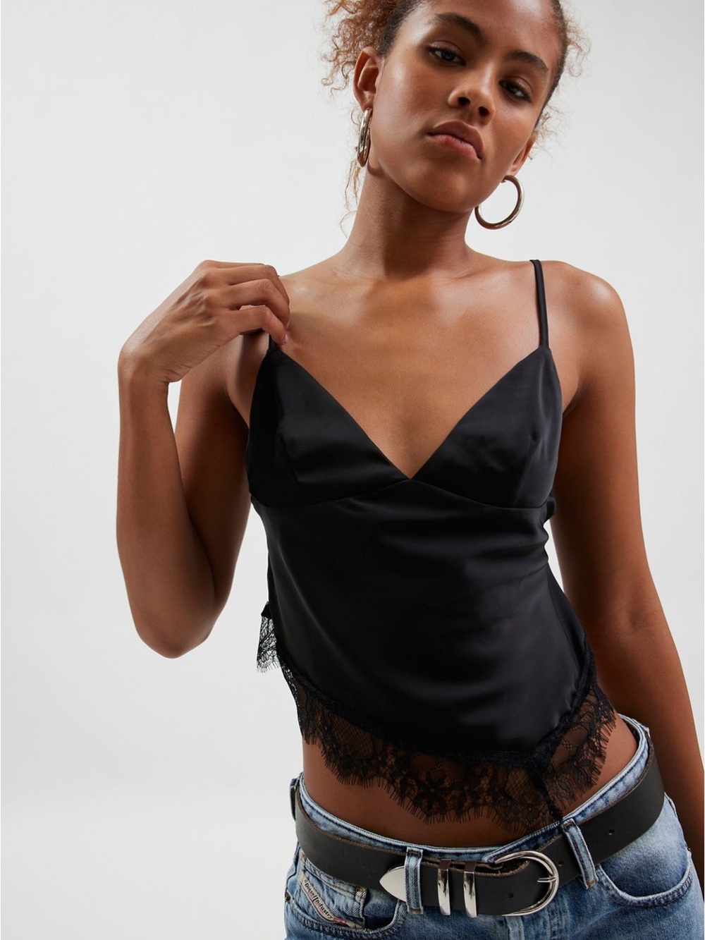 Kimchi Blue Black Lace-Trim Satin Tank - Picture 1 of 9